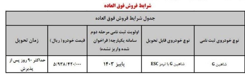 شرایط فروش فوق العاده خودرو شاهین G (آذر ۱۴۰۳)