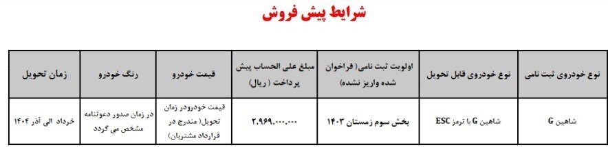 شرایط جدید پیش فروش خودرو شاهین G دستی + جدول